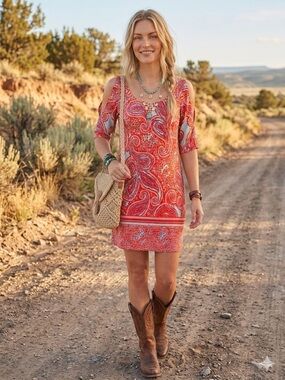 FREE PEOPLE VIBE  Paisley Print Cold Shoulder Dress M ✨ Like New Boutique Boho